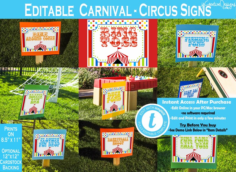 May include: Editable carnival and circus signs for a party or event. The signs are colorful and feature a circus tent design. The signs are 8.5 inches by 11 inches and can be printed on cardstock. The signs are available for instant download and can be edited online. The signs include text such as "Ring Toss", "Dunk Tank", "Basketball Shoot", "Fishing Pond", "Cake Walk", "Pie Drop", and "Bean Bag Toss".
