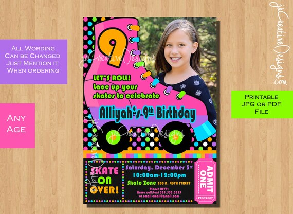 Skating invitation Roller Skating invitation Skate invite Glow dark girl boy Teen skating birthday coed 5th 6th 7th 8th 9th 10th 11th 12th Il_570xn