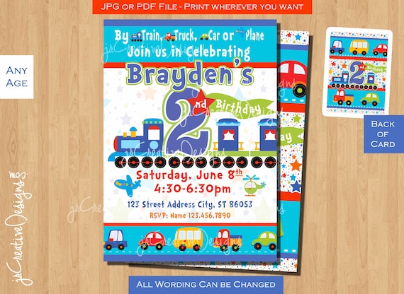 Boy 2nd Birthday Invitation Train Birthday Invitation All Aboard Trucks Birthday Invitation airplane Birthday Invitation 2nd Birthday Invite Il_570xn