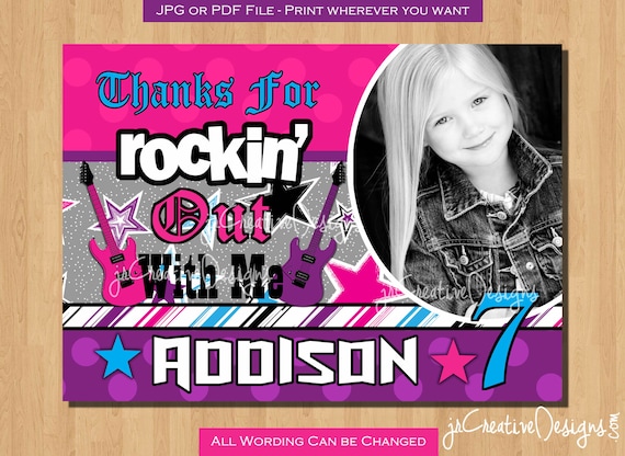 Picture thank you Girl Thank You Photo Thank You rockstar birthday rockstar party thank you cards birthday thank you rock star birthday girl Il_570xn