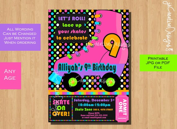 Roller Skating invitation Skating invite Skate invite Glow in the dark girl boy Teen skating birthday coed 6th 7th 8th 9th 10th 11th 12th Il_570xn