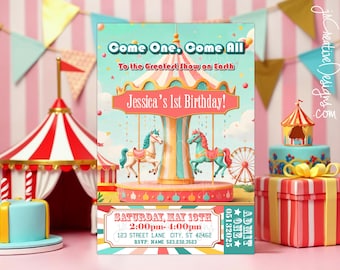 Afdrukbare carnavalsuitnodiging, circusverjaardagsuitnodiging, bewerkbare uitnodiging, Instant Download 1e verjaardag kinderfeestje uitnodiging pastel
