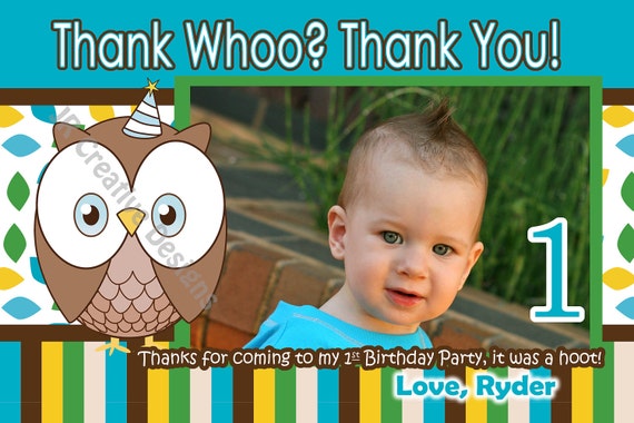 Owl Thank You Boy 1st Birthday Party Thank You Look Whoos turning 1 Owl Birthday Party 1 year old boy thank You photo Owl Boy Il_570xn