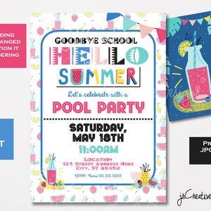 Puede incluir: Una invitación colorida a una fiesta de piscina con un fondo blanco y un patrón de sandía, limones, piñas y fresas. El texto dice "Goodbye School Hello Summer Let's celebrate with a Pool Party Saturday, May 18th 11:00 AM Location 123 Street Address Here City, ST 68492 RSVP: Name 555.555.55555".
