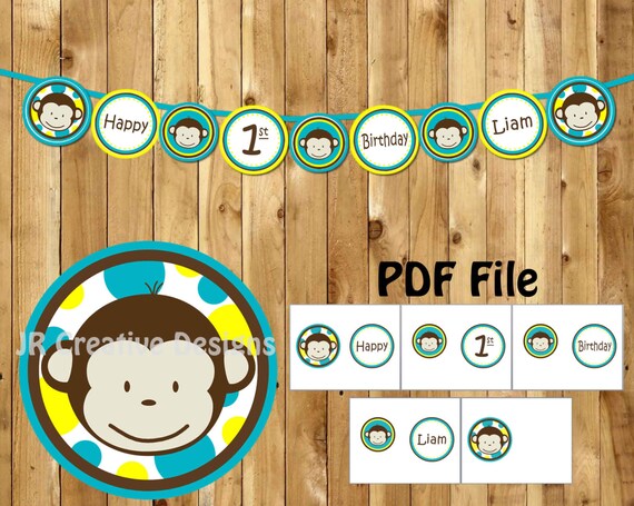 Monkey Banner Happy 1st Birthday Banner Mod Monkey Boy Banner Mod