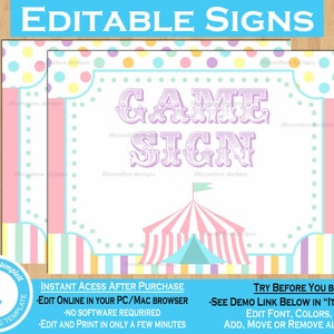 Circus Game Signs Pastel Girl Carnival Game Signs Pink Carnival Signs Circus Signs Carnival Theme Party Decor Sign Yard Sign Circus Theme