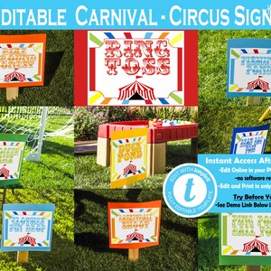 May include: Editable carnival and circus signs for a party or event. The signs are printed on 8.5 x 11 inch cardstock and feature a variety of games, including ring toss, fishing pond, and duck pond. The signs are colorful and feature a circus tent design.