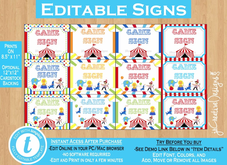 May include: Nine printable game signs with a circus theme. The signs are white with red, blue, and yellow stripes. Each sign has a red and white striped tent, a lion, an elephant, and a dog. The signs say "Game Sign" in red letters.