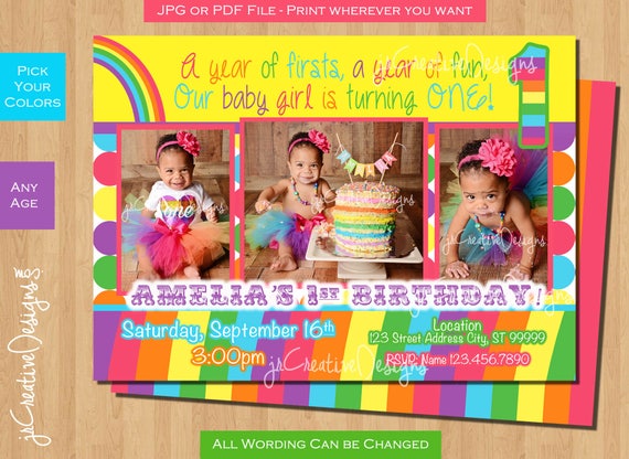 Rainbow Birthday Invitation Rainbow Birthday Invite Rainbow Birthday Party Rainbow invitation Rainbow invite first Girl 1st Birthday Pastel Il_570xn