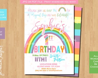 May include: A colorful rainbow birthday party invitation with a pink, yellow, blue, green, and purple rainbow. The invitation says "Please join us over the rainbow for a magical day as we celebrate Sophie's 1st Birthday". The date is Friday, December 11th, 2015, and the time is 3:45-7:15pm. The location is "Location Here" and the RSVP information is included.