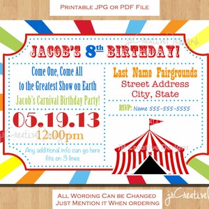 Puede incluir: Una invitaci&oacute;n imprimible colorida para una fiesta de cumplea&ntilde;os de un ni&ntilde;o de 8 a&ntilde;os. La invitaci&oacute;n presenta una carpa de circo y el texto "Jacob's 8th Birthday!" con la fecha "05.19.13" y la hora "12:00pm".