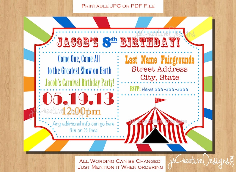 Puede incluir: Una invitaci&oacute;n imprimible colorida para una fiesta de cumplea&ntilde;os de un ni&ntilde;o de 8 a&ntilde;os. La invitaci&oacute;n presenta una carpa de circo y el texto "Jacob's 8th Birthday!" con la fecha "05.19.13" y la hora "12:00pm".