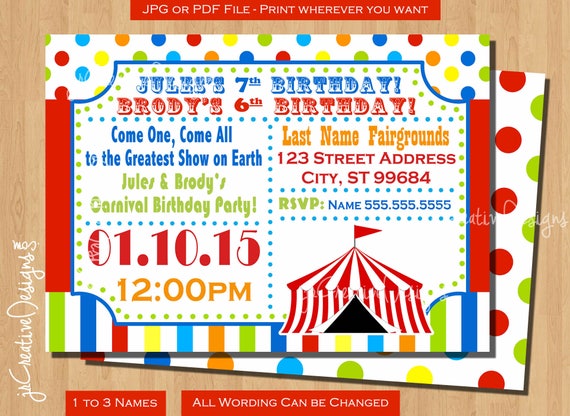 Circus birthday invitation Circus invitation Carnival invitation Carnival birthday invitation circus ticket invitation birthday party kids Il_570xn