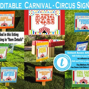 Puede incluir: Se&ntilde;ales de juego de carnaval imprimibles y editables con tem&aacute;tica de circo. Las se&ntilde;ales son coloridas y presentan una carpa a rayas rojas y blancas con una estrella amarilla. Las se&ntilde;ales miden 8,5 pulgadas por 11 pulgadas y se pueden imprimir en cartulina. Las se&ntilde;ales incluyen los siguientes juegos: lanzamiento de anillos, pesca en el estanque, pesca de patos, tiro al aro y  ponerle la cola al burro. Las se&ntilde;ales est&aacute;n disponibles para descarga instant&aacute;nea y se pueden editar en l&iacute;nea.
