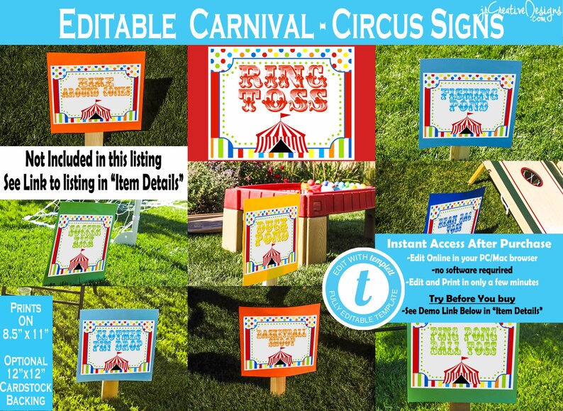 Puede incluir: Se&ntilde;ales de juego de carnaval imprimibles y editables con tem&aacute;tica de circo. Las se&ntilde;ales son coloridas y presentan una carpa a rayas rojas y blancas con una estrella amarilla. Las se&ntilde;ales miden 8,5 pulgadas por 11 pulgadas y se pueden imprimir en cartulina. Las se&ntilde;ales incluyen los siguientes juegos: lanzamiento de anillos, pesca en el estanque, pesca de patos, tiro al aro y  ponerle la cola al burro. Las se&ntilde;ales est&aacute;n disponibles para descarga instant&aacute;nea y se pueden editar en l&iacute;nea.
