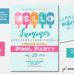 Puede incluir: Una invitación a una fiesta de piscina azul y rosa con gráficos de paletas de hielo que deletrean "Hello Summer". La invitación incluye el texto "Únete a nosotros para una fiesta en la piscina" y la fecha "23 de mayo de 2020".