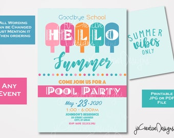 End of school year party Invitation Last day of school Party invitation start of summer swimming party School pool party End of School Bash