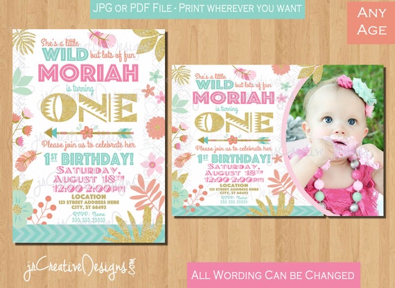 Wild One birthday girl invitation Wild one girl 1st birthday invitation Wild Child girl first birthday invitation Boho Girl Birthday Invite Il_570xn