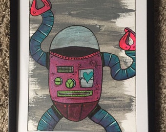 May include: A framed painting of a robot with a pink body, blue arms and legs, and a teal head. The robot has a heart on its chest and a variety of other details on its body.