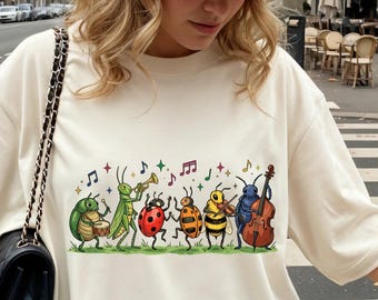 Whimsical Bug Band T-Shirt, Cute Insect Orchestra Graphic Tee, Nature Lover Gift, Forest Friends Music Art