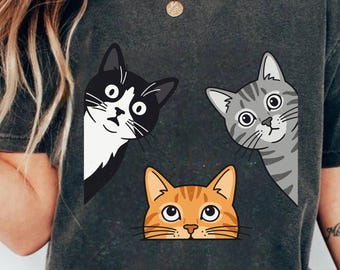 Peeking Cat Trio T-Shirt, Funny Three Cats Graphic Tee, Cute Kitten Lover Gift, Pet Owner Birthday Present