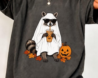 Ghost Raccoon Halloween Shirt, Cute Spooky Iced Coffee Tee, Funny Fall Pumpkin Graphic
