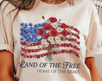 Floral Patriotic V Neck Shirt, American Flag Flower Tee, Land of the Free Shirt, 4th July Outfit Women, USA Pride Shirt
