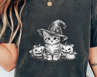 Kitten Witch Hat Graphic Tee, Spooky Halloween Cat Art Shirt, Cute Pumpkin Sketch Apparel, Whimsical Autumn Feline Lover
