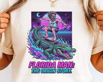 Florida Man Surfing Alligator Shirt Funny Meme Tee Retro Neon Florida Shirt