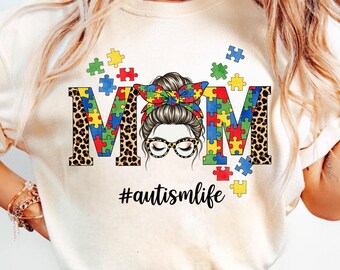 Autism Awareness Crewneck, Messy Bun Autism Mom Pullover, Puzzle Piece Mom Gift, Autism Awareness Month Tee, Leopard Autism Mom Crewneck