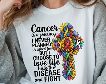 Sunflower Cross Cancer Awareness T-Shirt, Inspirational Fighter Graphic Tee, Faith Over Disease Apparel, Survivor Support Clothing Gift