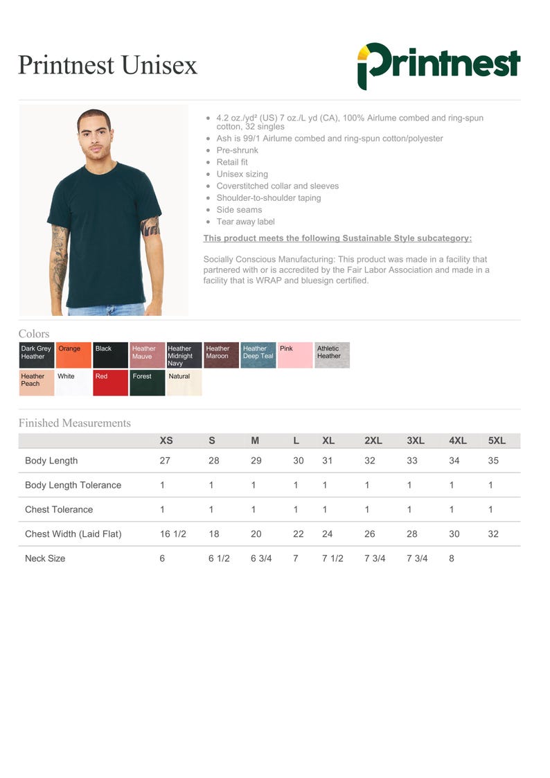 May include: A dark teal unisex t-shirt with a crew neck, short sleeves, and a retail fit. The shirt is made of 100% Airlume combed and ring-spun cotton. Available in sizes XS to 5XL, with a body length of 27 to 35 inches.