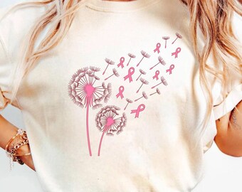 Breast Cancer Awareness T-Shirt, Dandelion Ribbon Graphic Tee, Pink Ribbon Floral Apparel, Cancer Survivor Hope Inspirational Clothing