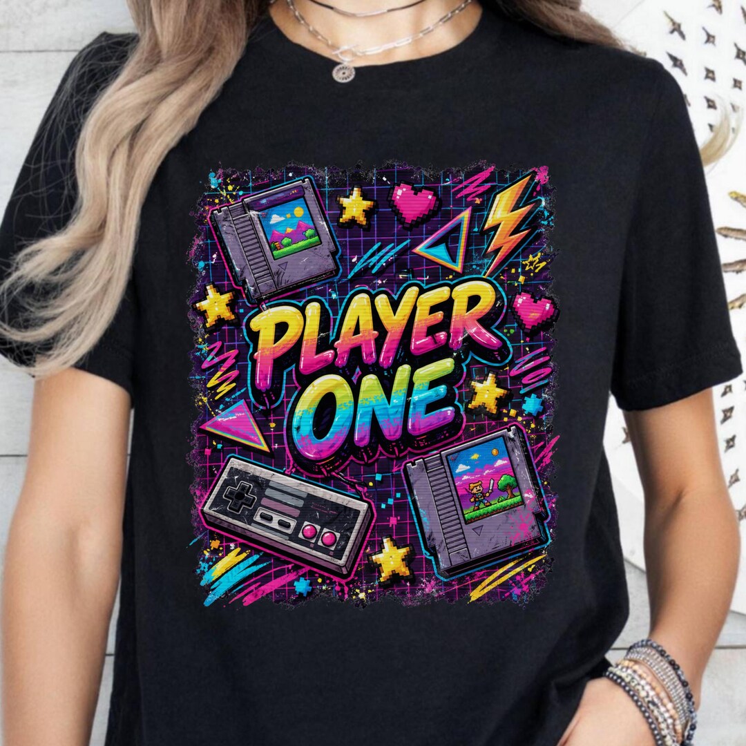 Player One Retro Gaming Shirt, 80s Neon Arcade Graphic Top, Nostalgia ...