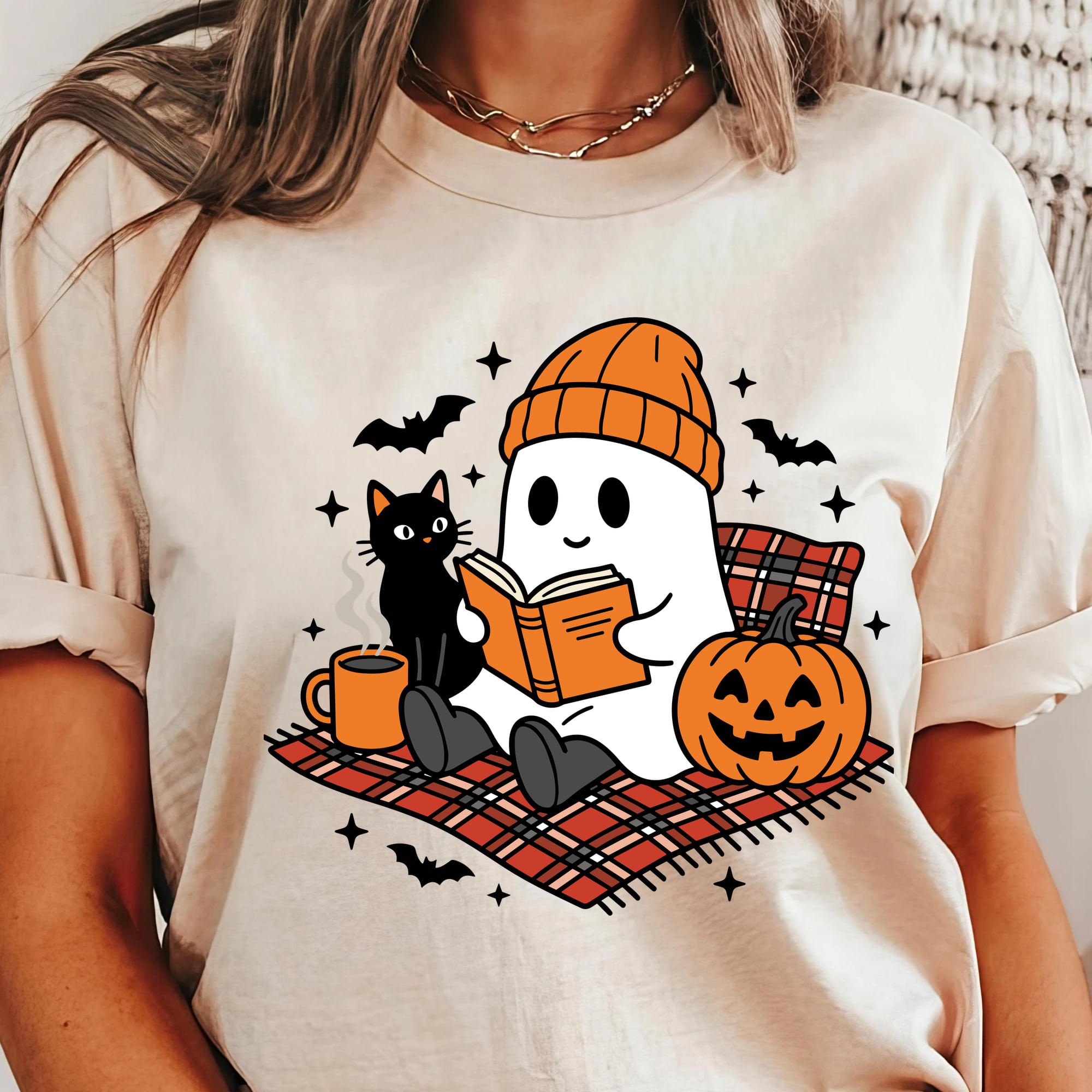 Cozy Ghost Reading Book T-Shirt, Cute Halloween Black Cat Graphic Tee, Wholesome Spooky Season Apparel, Fall Bookish Librarian