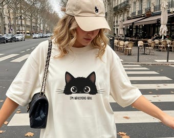 I'm Watching You Black Cat T-Shirt, Peeking Kitten Graphic Tee, Funny Creepy Cute Pet Lover Apparel