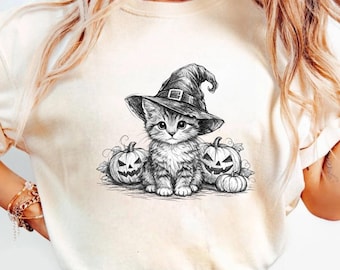 Witch Cat T-Shirt, Cute Kitten Halloween Graphic Tee, Spooky Pumpkin Patch Apparel, Kawaii Witchy Fall Season Aesthetic Unisex