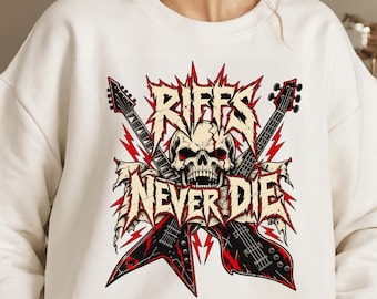 Riffs Never Die Shirt, Heavy Metal Graphic Tee, Electric Guitarist Gift, Gothic Rock Band Tshirt, Vintage Thrash Musician