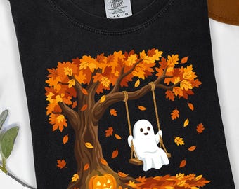 Ghost on a Swing T-Shirt, Cute Halloween Fall Graphic Tee, Spooky Season Autumn Apparel, Whimsical Ghost Pumpkin Gift