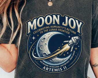 Moon Joy Artemis II Shirt Lunar Mission V Neck Tee, Crewed Moon Flyby Graphic Top, Humanity Returns to the Moon Gift