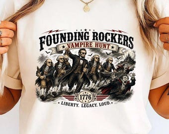 Founding Rockers Vampire Hunt T-Shirt, Patriotic Founding Fathers Graphic Tee, 1776 Rock Band Apparel, Funny Historical Horror V-Neck