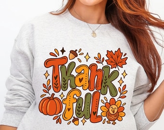 Retro Thanksgiving Shirt, Cute Thankful Fall Tee, Autumn Pumpkin Graphic Tshirt