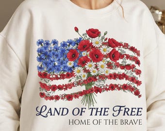 Floral USA Flag Tank, Land of the Free Home of the Brave, Patriotic Flower Design