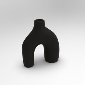 Puede incluir: Un jarrón decorativo negro mate con un diseño arqueado único. El jarrón tiene un cuello estrecho y una base ancha y abierta, creando una estética moderna y escultural. El jarrón mide aproximadamente 25 cm de alto.