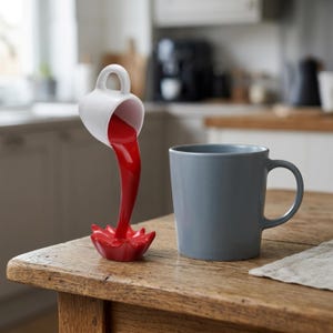 May include: A white ceramic mug seemingly pours a stream of red liquid into a red, flower-shaped base. A grey mug sits nearby on a wooden table. The kitchen background includes a coffee maker and cabinets.