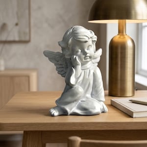 Peut inclure: Une figurine en céramique blanche représentant un ange assis avec des ailes, la tête appuyée sur une main. L'ange a les yeux fermés et une finition mate lisse. La sculpture est représentée dans une pose pensive, avec des détails du visage.
