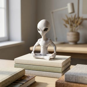 Peut inclure: Une figurine d'extraterrestre en céramique blanche, assise en position de yoga, avec de grands yeux noirs. La figurine est posée sur une pile de trois livres aux couvertures de tons neutres. L'arrière-plan comprend un bureau, une lampe et une fenêtre.