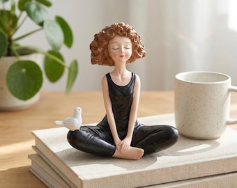 Yoga Girl Figurine with Bird | Meditation Statue for Zen Desk Decor | Mindfulness Gift for Yoga Lovers | Small Wabi Sabi Modern Zen Art