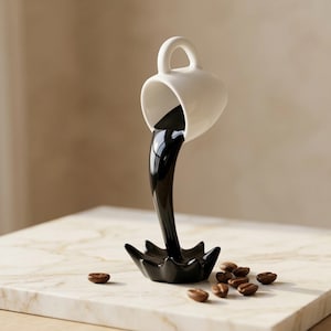 May include: A white ceramic coffee cup appears to be pouring black liquid into a black base. Several coffee beans are scattered on the marble surface. The cup has a handle and is tilted, creating an illusion of a floating coffee cup.
