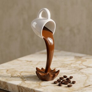 May include: A white ceramic coffee cup appears to be pouring a stream of brown liquid into a brown splash-shaped base. Several coffee beans are scattered near the base. The cup has a handle and is set against a marble surface.